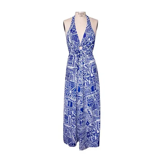 Hawaii Nei Dresses | Vintage 60s 70s Hawaii Nei Hawaiian Blue White Halter Maxi Sundress Dress | Color: Blue/White | Size: 2 To 4 | Littleunited's